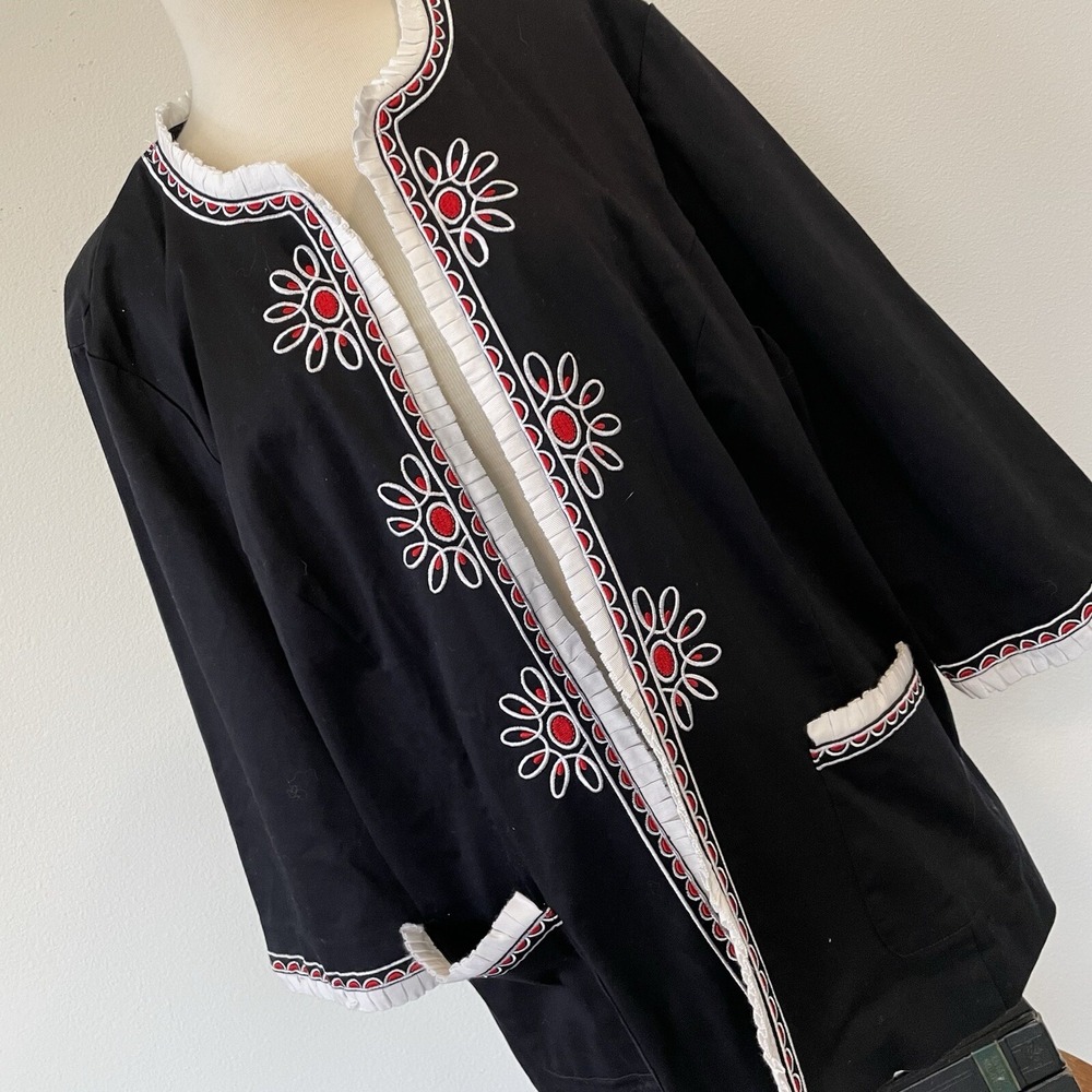 Bob Mackie Women's 1X Black Abstract Floral Embroidered Open Front Blazer Artsy